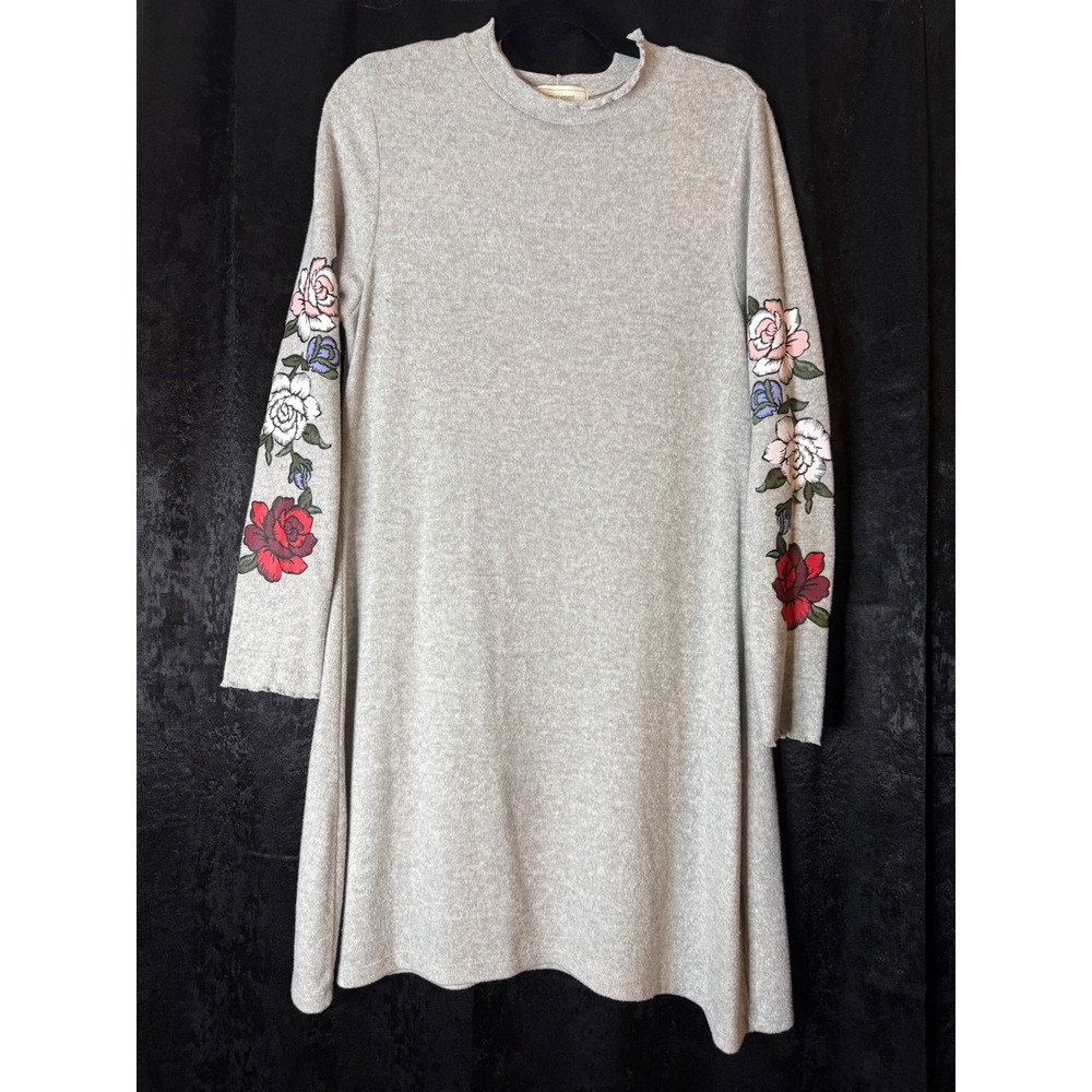 No Comment Womens XL Gray Floral Sleeve Swing Dress Long Sleeve Boho Casual